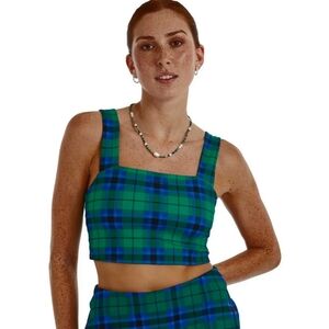 NWT Champion Hot Shot Bra Legacy School Plaid Crop Top Green Blue Tartan Size L